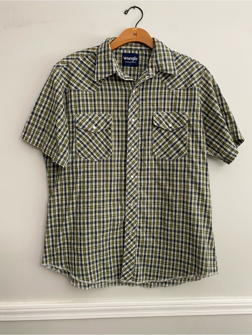 Vintage Men’s Wrangler Western Pearl Snap Short Sleeve Green Blue - L